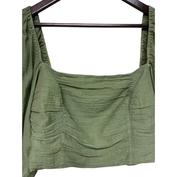 MINKPINK Women's Green Long Puff  Sleeve Crop Top Smocked Back Ruched Large - Picture 3 of 8